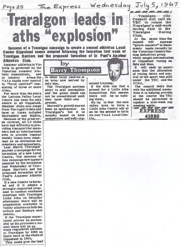 Traralgon Harriers Formation by Barry Thompson, The Express, Wed July 5, 1967, page 25
