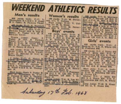 17th February, 1968 – Athletic results