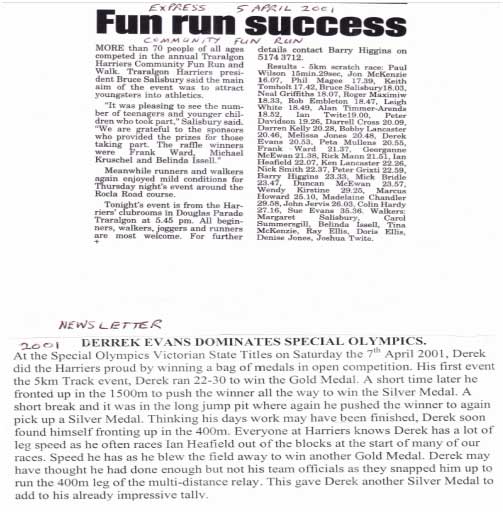 Community Fun Run, The Express, 5th April 2001 & Derek Evans Special Olympics Newsletter Report, April 2001