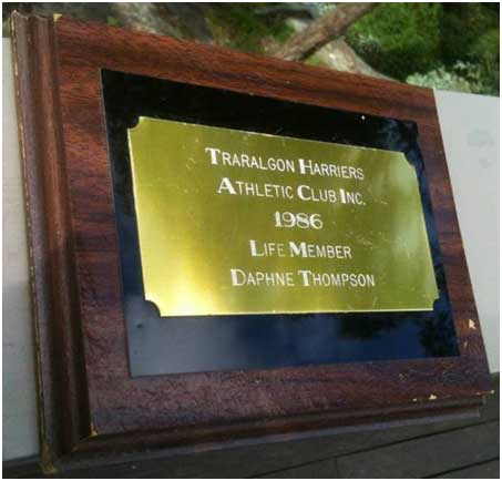 First Traralgon Harrier Life Membership plaque – Daphne Thompson