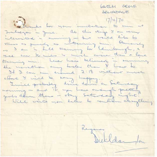 Letter from Derek Clayton relating to his invite to run the 1970 Traralgon Marathon