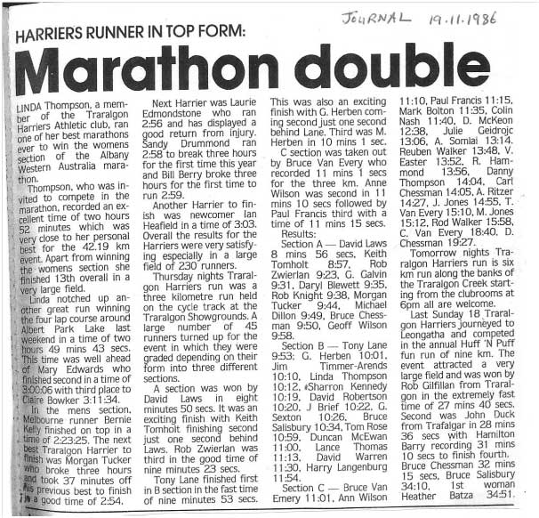Marathon Double, The Journal, 19th November 1986 – Linda Thompson